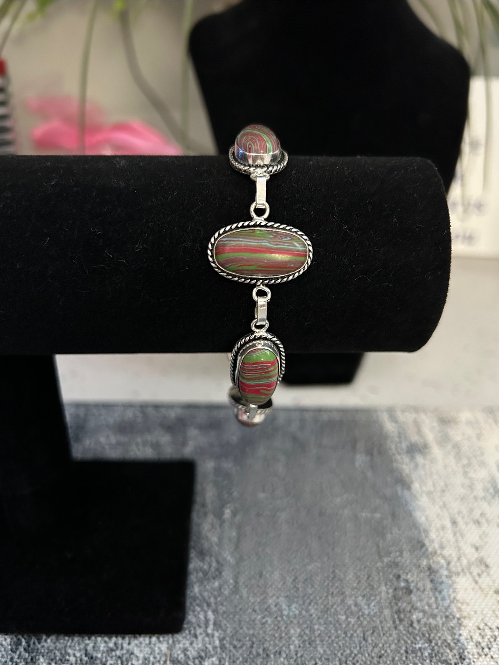 Sterling Silver Rainbow Calsilica Gemstone Bracelet